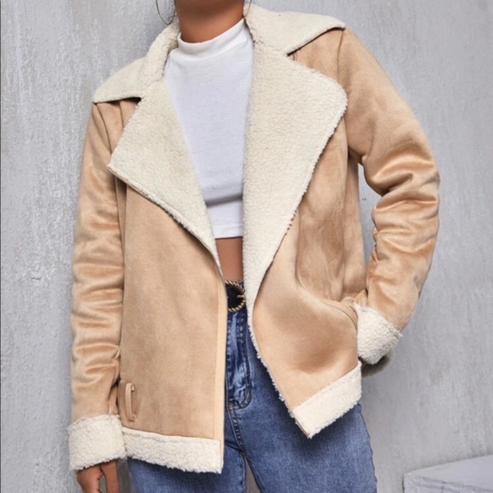 faux fur shearling Vegan suede  lined jacket tan - Picture 4 of 5